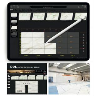 Das Programm berechnet in Echtzeit die Nettoausbeute pro Rohplatte und im gesamten Projekt (Bild oben). Außerdem ermöglicht Digital Drylayout das Blending der digital gewählten Rohplatten im Projektplan (Bild unten links). Das Projekt wird dann auf der Basis der digitalen Planung geschnitten und nach dem vom Programm generiertem Verlegeplan verlegt bzw. vorher klassisch trocken ausgelegt (Bild unten rechts). (Fotos: Firma)