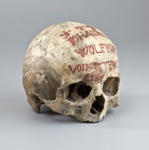 Bemalter Schädel, 1800-1900 (Foto: © Fotoarchiv Zentralinstitut AG Friedhof u. Denkmal e.V./Museum für Sepulkralkultur Kassel, Frank Hellwig)