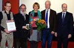 Über Gold für das Steinmetzhandwerk freuen sich BIV-GF Sybille Trawinski, der stellv. BIM August Weber und Leipzigs OM Thomas Schneider, Jury-Chef Markus Harzenetter (2.v.r.) und Messe-Geschäftsführer Markus Geisenberger (r.)
